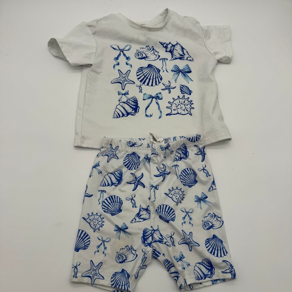 Shein Toddler Girls 2 Piece Outfit White Blue Seashell‎ Starfish Set 18-24M
